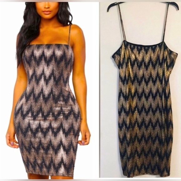 Fashion Nova Dresses & Skirts - Fashion Nova Black Gold Metallic Plus Size Evening Party Midi Dress Sz XXXL